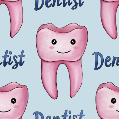 Kusursuz desenli Pembe Kawaii Dişi Metin Dişçisi Pastel Mavi Arkaplanda Büyük Tasarım