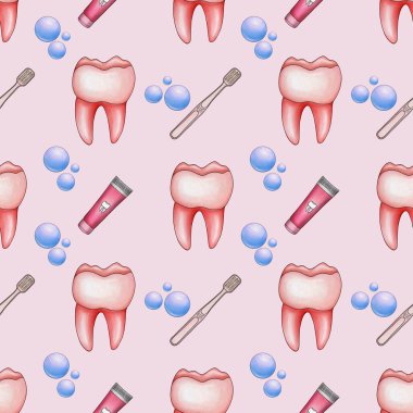 Kusursuz desensiz Kırmızı Kawaii Dişi ve Diş fırçası ve Pastel Pembe Arkaplanda Küçük Tasarım