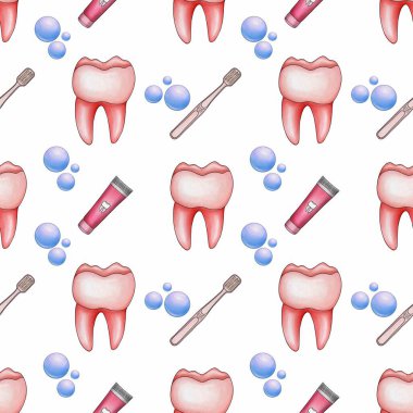 Kusursuz desensiz Kırmızı Kawaii Dişi ve Diş fırçası ve Beyaz Arkaplanda Kabarcık Küçük Tasarımı