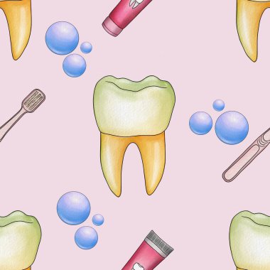 Kusursuz Şablon Sarı Kawaii Diş ve Diş fırçası ve Pastel Pembe Arkaplanda Büyük Tasarım