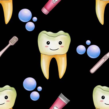 Kusursuz desenli Sarı Kawaii Diş fırçası ve Diş macunu Diş fırçası ve Baloncuklar Siyah Arkaplanda Büyük Tasarım