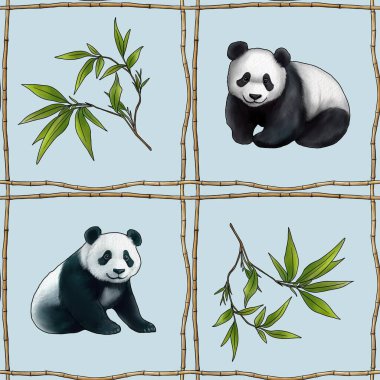 Bambu Yaprakları ve Pastel Mavi Arkaplanda Panda ile Kusursuz Desen Izgarası