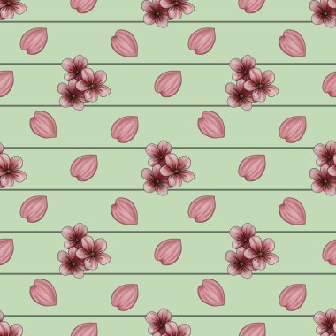 Sakura Çiçekleri ve Pastel Yeşil Arkaplanda Küçük Tasarım ile Kusursuz Desenli Yatay Çizgiler