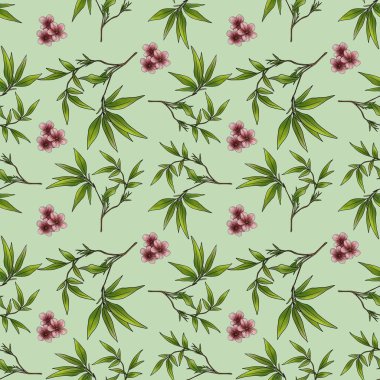 Kusursuz Desenli Sakura ve Bambu Yapraklar Resimler Pastel Yeşil Arkaplanda Küçük Tasarım