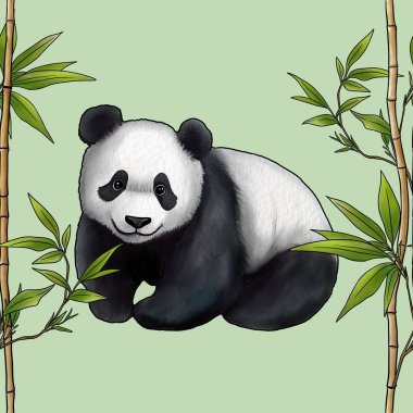 Kusursuz Bambu desenli Sopalar ve Pastel Yeşil Arkaplanda Şirin Panda Büyük Tasarımı
