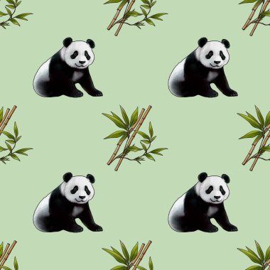 Şirin Pandalar ve Pastel Yeşil Arkaplanda Bambu Küçük Tasarımı ile Kusursuz Desen