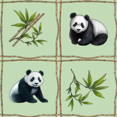 Pastel Yeşil Arkaplanda Bambu ve Panda ile Kusursuz Desen Izgarası