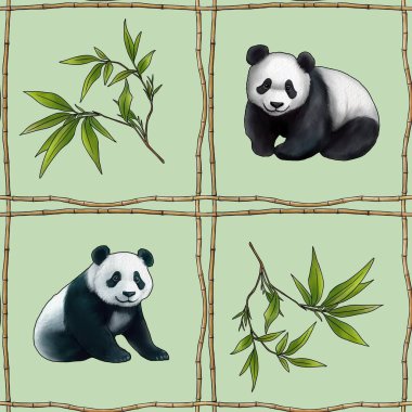 Bambu Yaprakları ve Pastel Yeşil Arkaplanda Panda ile Kusursuz Desen Izgarası