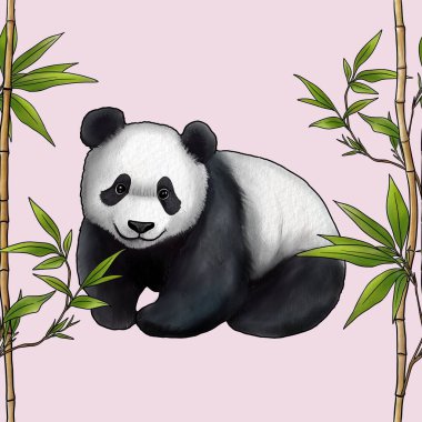 Kusursuz Bambu desenli Sopalar ve Tatlı Panda Pastel Pembe Arkaplanda Büyük Tasarım
