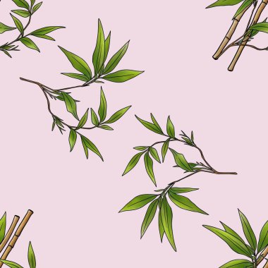 Kusursuz Bambu desenli Yapışkanlar ve Bambu Yaprakları Pastel Pembe Arkaplanda Büyük Tasarım Yapıyor