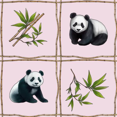 Pastel Pembe Arkaplanda Bambu ve Panda ile Kusursuz Desen Izgarası