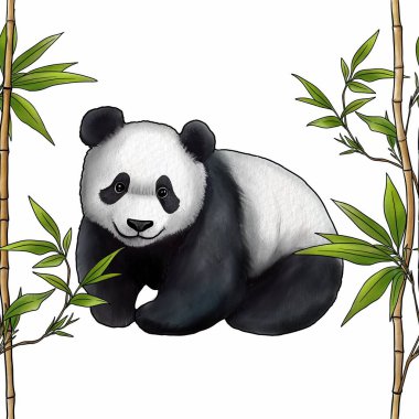 Kusursuz Bambu desenli Çubuklar ve Beyaz Arkaplanda Şirin Panda Büyük Tasarımı