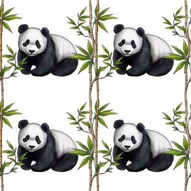 Kusursuz Bambu desenli Çubuklar ve Beyaz Arkaplanda Şirin Panda Küçük Tasarımı