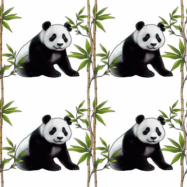 Kusursuz Bambu desenli Çubuklar ve Beyaz Arkaplanda Küçük Panda Tasarımı