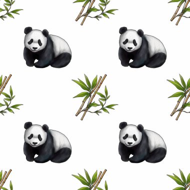 Su Boyası Pandaları ve Beyaz Arkaplanda Bambu Küçük Tasarımı ile Kusursuz Desen