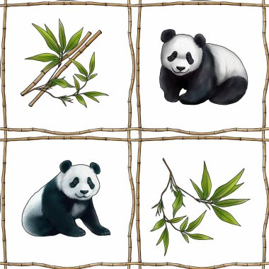 Bambu ve Panda ile Beyaz Arkaplanda Kusursuz Desen Izgarası