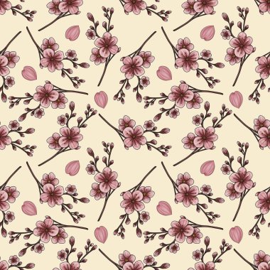 Zarif Dekoratif Dekoratif Dekoratif Şekilde Dağılmış Sakura Çiçekleri ve Yaprakları Pastel Sarı Arkaplanda Küçük Tasarım