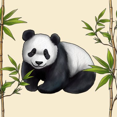 Kusursuz Bambu desenli Yapışkanlar ve Tatlı Panda Pastel Sarı Arkaplanda Büyük Tasarım