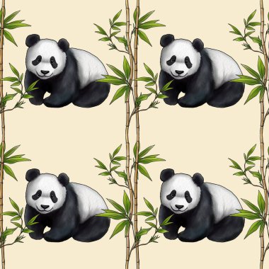 Kusursuz Bambu Kalıpları ve Pastel Sarı Arkaplanda Şirin Panda Küçük Tasarımı