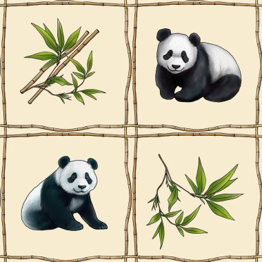 Pastel Sarı Arkaplanda Bambu ve Panda ile Kusursuz Desen Izgarası