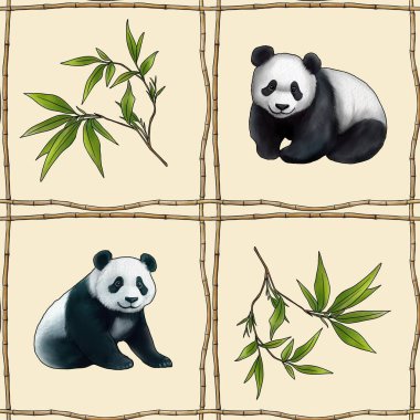 Bambu Yaprakları ve Pastel Sarı Arkaplanda Panda ile Kusursuz Desen Izgarası