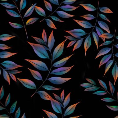 Moda Egzotik Yapraklar Büyük Tasarım Siyah Arkaplanda Kusursuz Desen