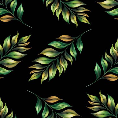 Egzotik Yapraklar Büyük Tasarım Siyah Arkaplanda Kusursuz Desen