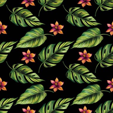 Canavar ve Orman Yaprakları Çiçeklerle Kara Arkaplanda Kusursuz Desen