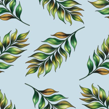 Egzotik Yapraklar Büyük Tasarım Kusursuz Pastel Mavi Arkaplan