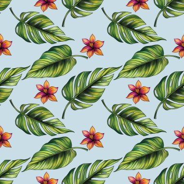 Monstera ve Orman Çiçeklerle Yapraklar Pastel Mavi Arkaplanda Kusursuz Desen