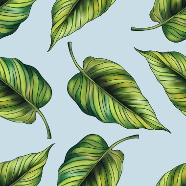 Orman Büyük Tasarım Yaprakları Pastel Mavi Arkaplanda Kusursuz Desen