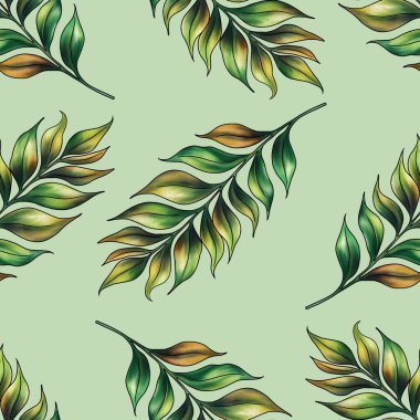Egzotik Yapraklar Büyük Tasarım Pastel Yeşil Arkaplanda Kusursuz Desen
