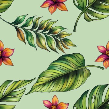 Bitkisel Doğadan İlham Almış Yapraklar ve Çiçeklerle Kusursuz Şablon Pastel Yeşil Arkaplanda Büyük Tasarım