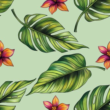 Canavar ve Orman Yaprakları Çiçeklerle Büyük Tasarımlı Kusursuz Pastel Yeşil Arkaplanda