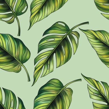 Canavar ve Orman Pastel Yeşil Arkaplanda Büyük Tasarımlı Kusursuz Desensiz Kalıp Bırakıyor