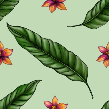 Bereketli Botanik Yeşilliği ve Çiçekler Pastel Yeşil Arkaplanda Büyük Tasarımlı Kusursuz Desen