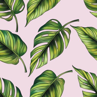 Monstera ve Orman, Pastel Pembe Arkaplanda Büyük Tasarımlı Kusursuz Şablon Bırakıyor