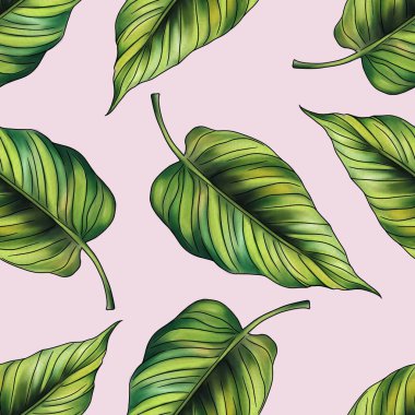 Orman Büyük Tasarım Yaprakları Pastel Pembe Arkaplanda Kusursuz Desen