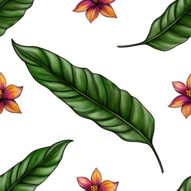 Bereketli Botanik Yeşillik ve Çiçek Açma Büyük Tasarım Beyaz Arkaplanda Kusursuz Desen