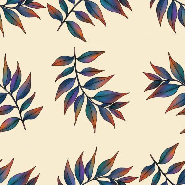 Ormandan esinlenilmiş Yaprak Büyük Tasarım Pastel Sarı Arkaplanda Kusursuz Desen