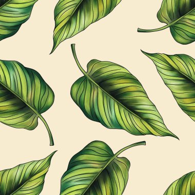 Orman Büyük Tasarım Yaprakları Pastel Sarı Arkaplanda Kusursuz Desen