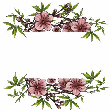 İçinde pembe kiraz çiçekleri ve yeşil yapraklar bulunan dekoratif bir çiçek sınırı, davetiyeler veya tebrik kartları için ideal.