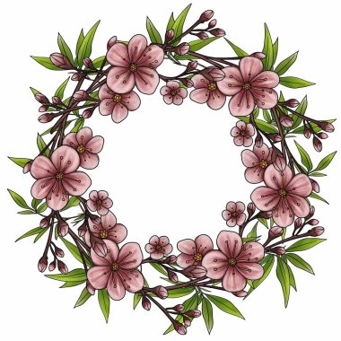 Üzerinde pembe kiraz çiçekleri ve yeşil yapraklar bulunan güzel bir çiçek çelengi, dairesel şekilli ve boş bir merkezle kişiselleştirme için tasarlandı..