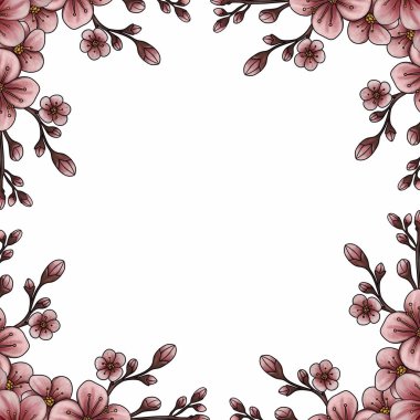 İçinde pembe kiraz çiçekleri ve dallar bulunan dekoratif bir çerçeve, boş beyaz bir alanın etrafında yumuşak ve zarif bir sınır oluşturuyor..