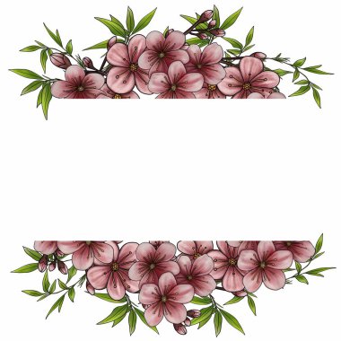 İçinde pembe kiraz çiçekleri ve yeşil yapraklar bulunan dekoratif bir çiçek sınırı, davetiyeler veya tebrik kartları için ideal.