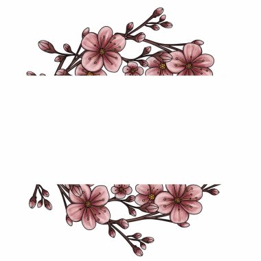 Dalların üzerinde pembe kiraz çiçekleri ve tomurcukları olan dekoratif bir sınır, bir çiçek çerçevesi oluşturuyor. Tasarım, davetiyeler veya tebrik kartları için zarif ve uygundur..