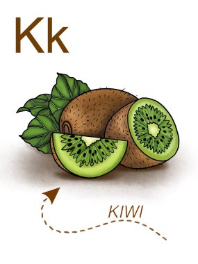 K harfli ve Kivi resimli çocuklar için meyve alfabesi kartı