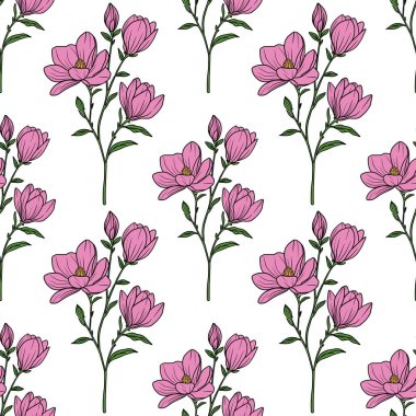 Kusursuz manolya çiçekli vektör deseni. Beyaz arka planda yeşil yapraklı, elle çizilmiş pembe çiçekler.