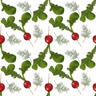 Beyaz arka planda yeşil yapraklı kırmızı turplar ve dereotları içeren pürüzsüz bir desen. Tasarım canlı ve taze, mutfak dekorasyonu veya yemekle ilgili konular için ideal..