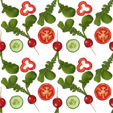 Kırmızı çan biberi dilimleri, salatalık dilimleri, turplar ve domates dilimleri de dahil olmak üzere çeşitli taze sebzelerin beyaz arka planda sıralandığı kusursuz bir desen..